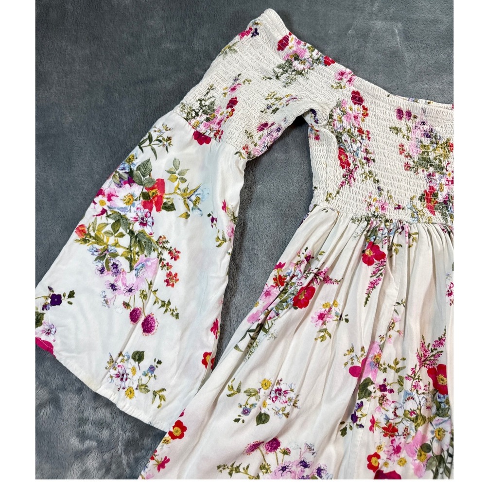 Torrid Floral Smocked Off Shoulder Bell Sleeve Mini Dress White Size 1 (XL) Boho - Picture 13 of 16